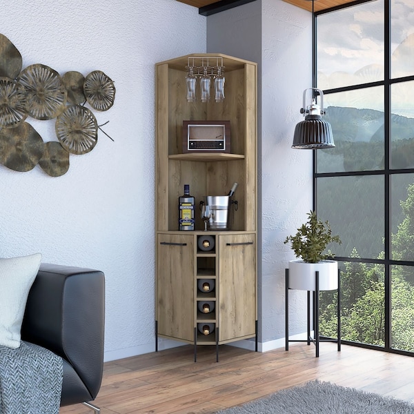 Shangai Corner Bar Cabinet, Two Shelves, Five Built-in Wine Rack-Aged Oak